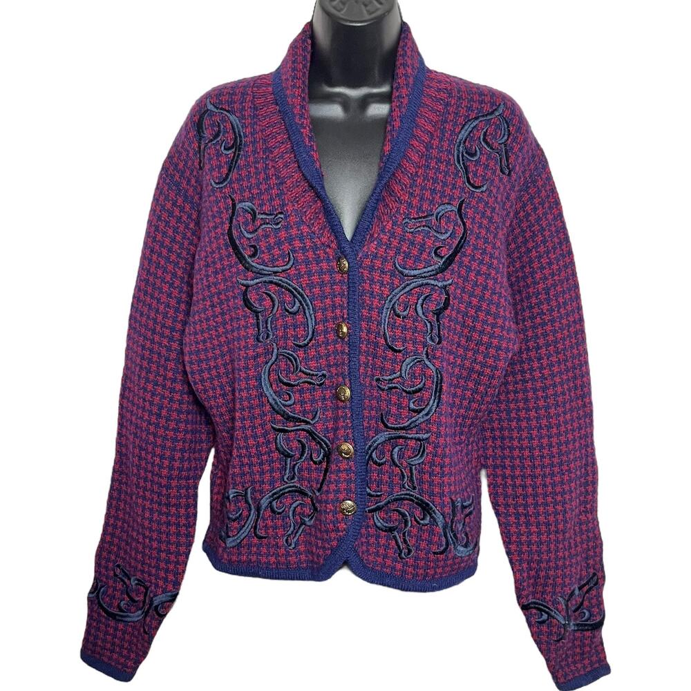 VTG SHETLAND WOOL SWEATER 80s 90s EMBROIDERED HOUNDSTOOTH COTTAGECORE ACADEMIA M